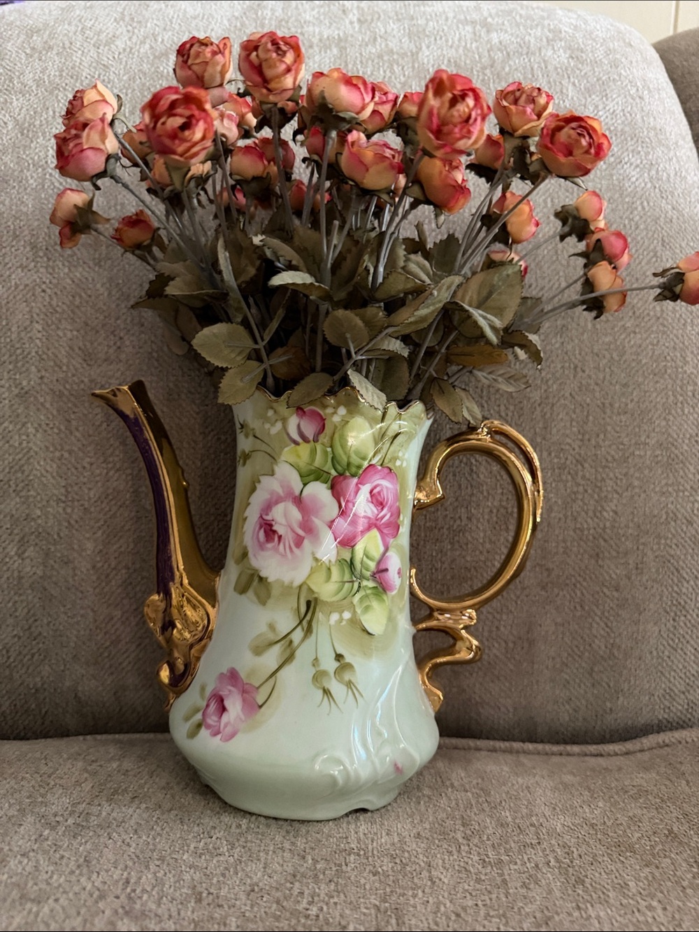 Lefton Porcelain Floral Pitcher Vase in Pink, Green and Gold